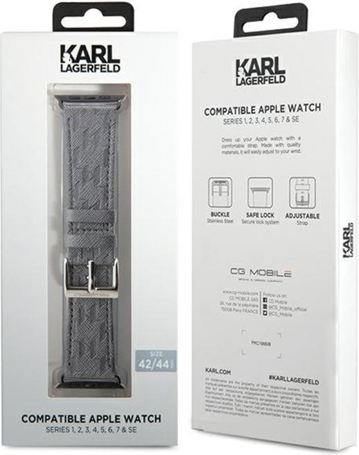 Actual product image Karl Lagerfeld Pasek KLAWLSAKLHPG Apple Watch 42/44/45/49mm srebrny/silver strap Saffiano Monogram (42 mm, 44 mm, 45 mm, 49 mm, Saffiano leather, Apple Watch Series 1, Apple Watch Series 2, Apple Watch Series 3, Apple Watch Series 4, Apple Watch Series 5, Apple Watch Series 6, Apple Watch Series 7, Apple Watch Series 8, Apple Watch Series 9, Apple Watch SE, Apple Watch Ultra, Apple Watch Ultra 2)