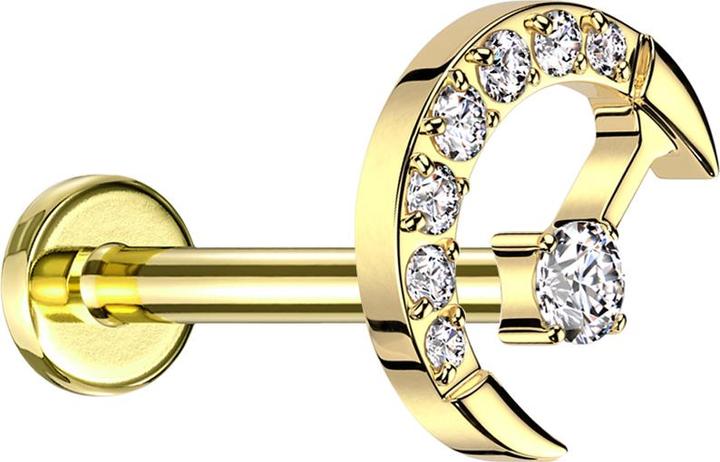Image du produit Star Piercing Micro Labret Filetage interne doré Demi-lune doré Cristaux argentés au centre Cristal argenté (sans laiton, Titane G23)