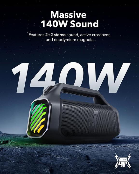 Image du produit soundcore Enceinte portable||Boom 2 Plus|Black|Portable/Wireless|A3134011 (20 h, Alimentation via port USB, Fonctionnement sur batterie)