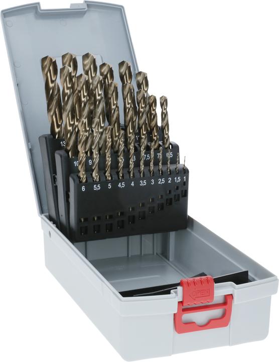 Bosch Professional Zubehör PRO Stainless Steel HSS-Co Spiralbohrer-Set, 25-tlg. (1 mm, 1.5 mm, 2 mm, 2.5 mm, 3 mm, 3.5 mm, 4 mm, 4.5 mm, 5 mm, 5.5 mm, 6 mm, 6.5 mm, 7 mm, 7.5 mm, 8 mm, 8.5 mm, 9 mm, 9.5 mm, 10 mm, 10.5 mm, 11 mm, 11.5 mm, 12 mm, 12.5 mm, 13 mm)