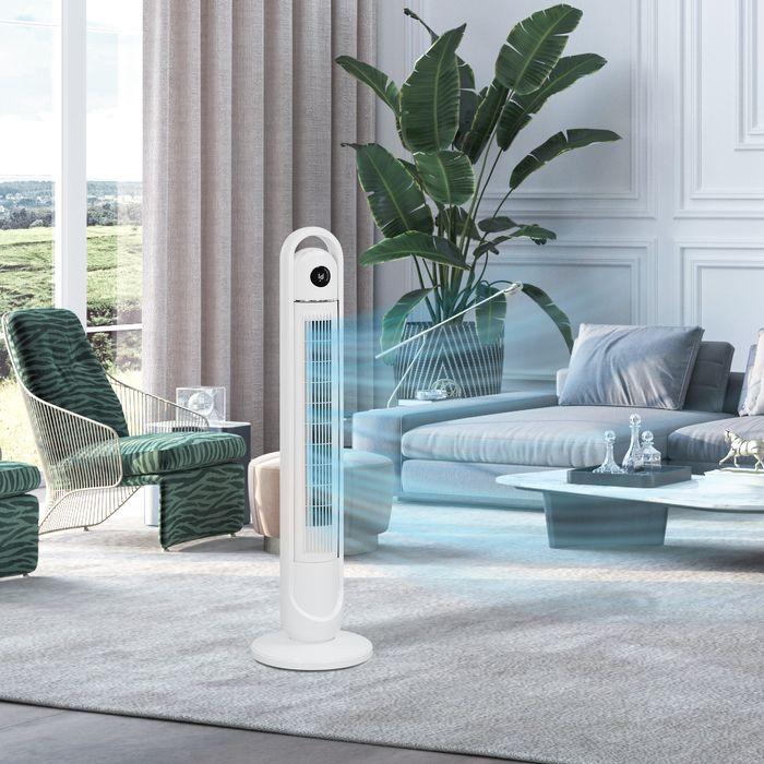 Actual product image Swisshandel24 Turmventilator, Standventilator mit 3 Belüftungsstufen, Fernbedienung, Weiss (60 dB)