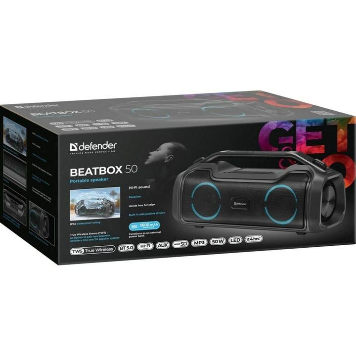 Image du produit Defender GŁOŚNIK BEATBOX 50 BLUETOOTH 50W BT/RGB/TF/TYPEC/IPX5/PWB 65950 (5 h, Fonctionnement sur batterie)