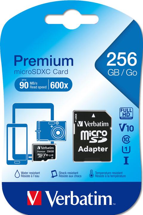 Produktbild Verbatim MicroSDXC Class 10 UHS-I mit Adapter (256 GB, microSDXC, U1, UHS-I)