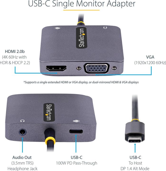 Immagine prodotto StarTech com USB C Video Adapter, USB C to HDMI VGA Multiport Adapter w/ 3.5mm Audio Output, 4K 6... (HDMI, VGA, 14.50 cm)