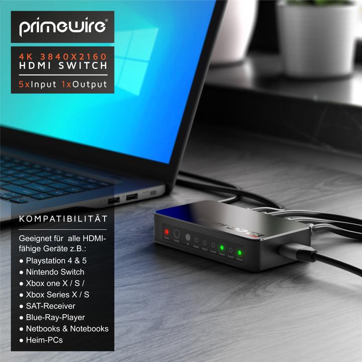 Image du produit Primewire Commutateur HDMI 2.0, commutateur HDMI Ultra HD 4K à 5 ports avec télécommande, répartiteur 5x