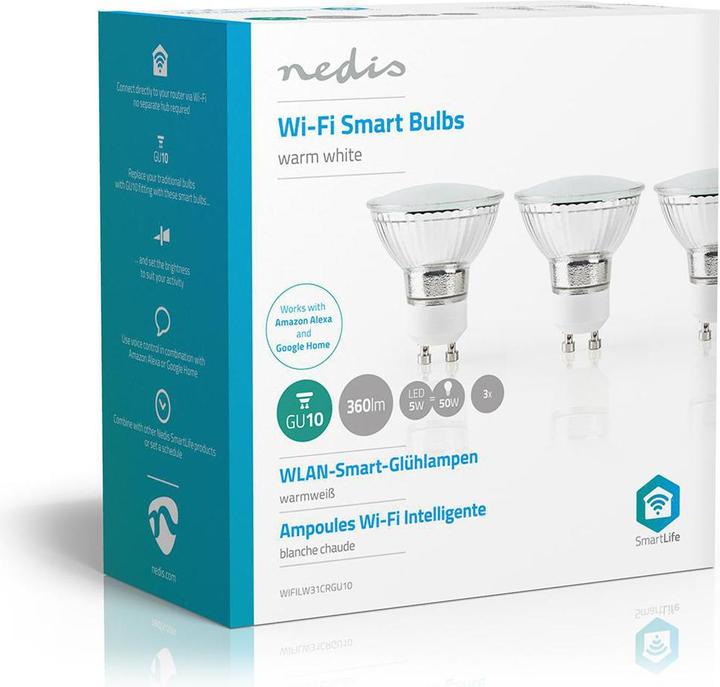 Produktbild Nedis SmartLife-LED-Glühbirne | Wi-Fi | GU10 | 330 lm | 5 W | Warmweiss | 2700 K | Energieklasse: A+ (GU10, 5 W, 330 lm, 3 x, G)