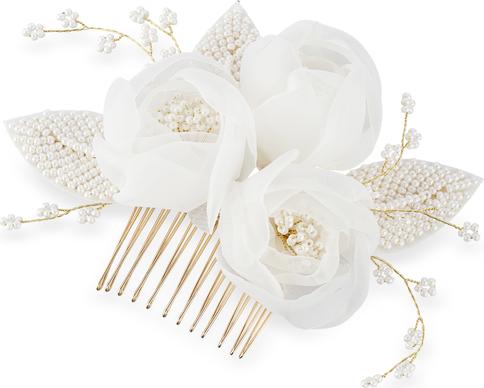 Image du produit Trisa Celebride peigne à cheveux en or délicat avec des fleurs en tissu et des feuilles de perles