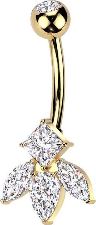 Produktbild Star Piercing Banane vergoldet mit Kugel Kristall silber und drei Ovale und ein eckiger Kristall silber (Messing, Titan G23)