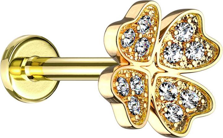 Produktbild Star Piercing Micro Labret Innengewinde 14k vergoldet Kleeblatt mit Kristall (Chirurgenstahl 316L, Messing)