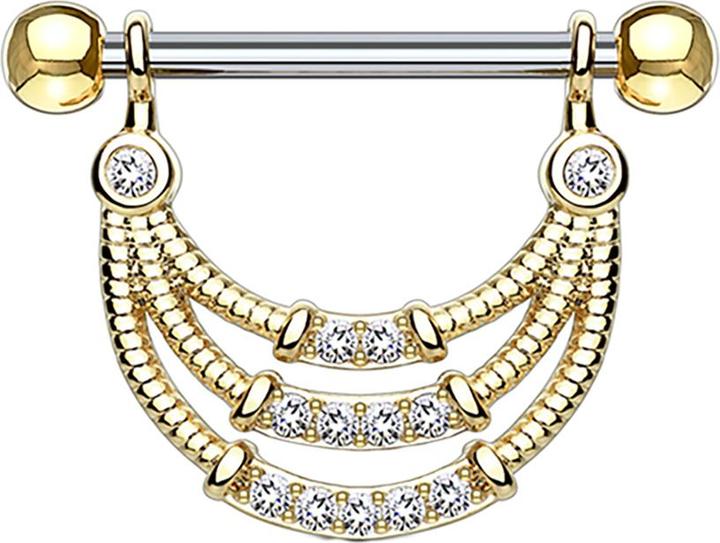 Star Piercing Barbell 14k vergoldet drei halbbögen und Kristallen (ohne Messing, Chirurgenstahl 316L)