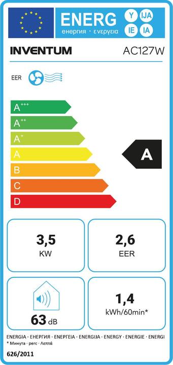 Energy Label Inventum AC127WSET - Mobiele airco - 3-in-1 functie - 8,8 m groot bereik - Wit (12000 BTU/h)