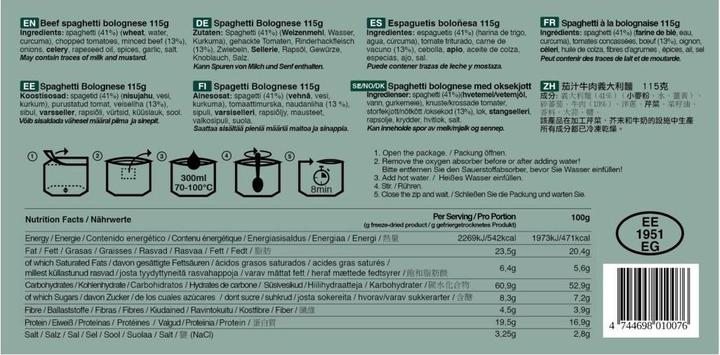Nutritional values and ingredients Tactical Foodpack Beef Spaghetti Bolognese (115 g)