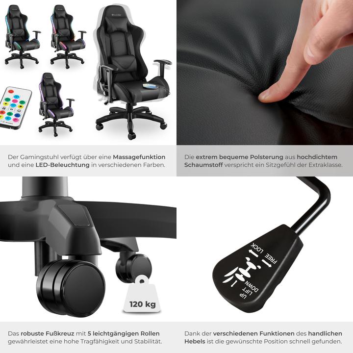 Image du produit tectake Chaise de gaming TARTAROS avec fonction massage et LED