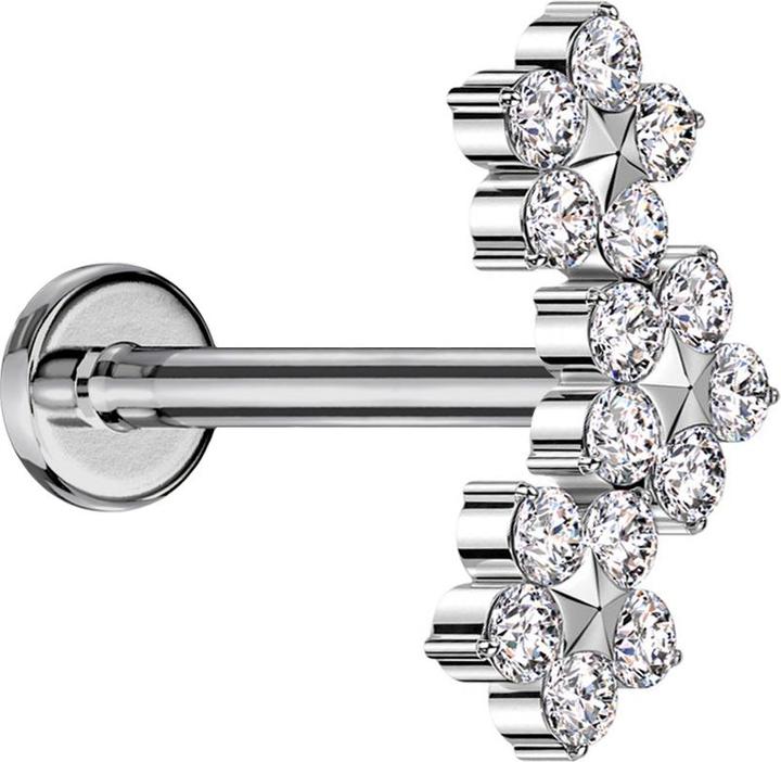 Produktbild Star Piercing Micro Labret Innengewinde silber drei Blumen mit Stern Kristalle silber (Titan G23, ohne Messing)