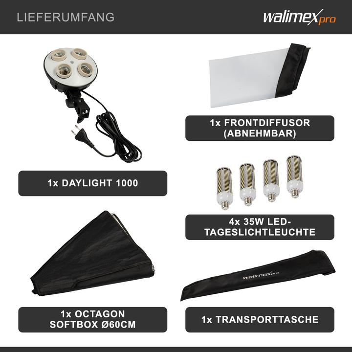 Produktbild Walimex pro Daylight 1000 4x35W + Softbox Ø 60cm (Softbox, 60 cm)