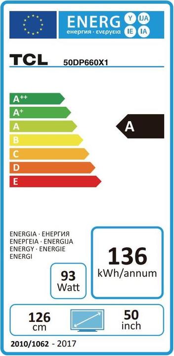 Label énergétique TCL 50DP660 (50", LCD, 4K, 2018)