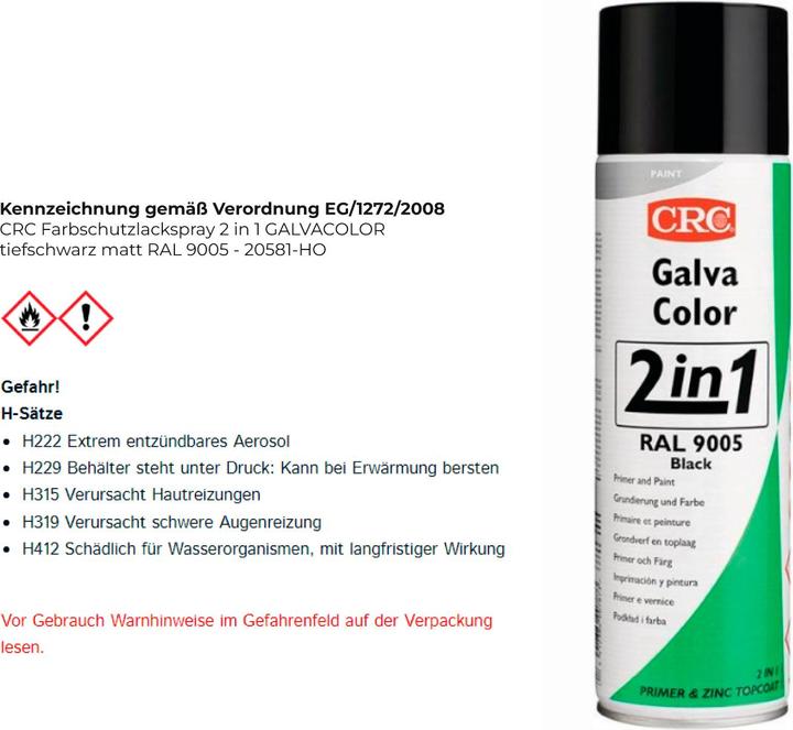 Immagine prodotto CRC Lacca protettiva GalvaColor 2in1, 9005 Deep Black 500 ml (500 ml, Nero profondo (RAL 9005))