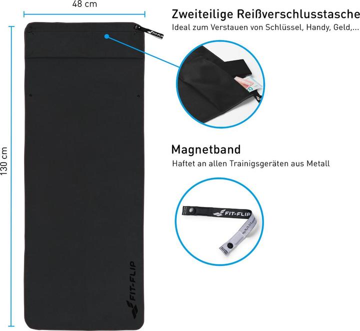 Image du produit Fit-Flip Fitnesshandtuch Mikrofaser mit Reissverschlusstasche 130x48cm (130 x 48 cm)