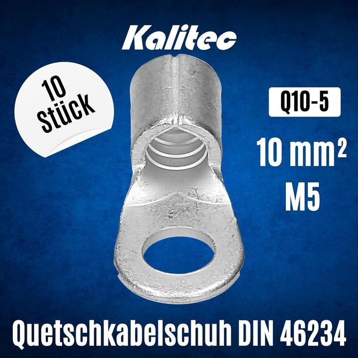 Produktbild Kalitec 10 Stück Q10-5 Quetschkabelschuh 10mm² M5 I Unisoliert I Dornpressung I Für mehr-, fein- und
