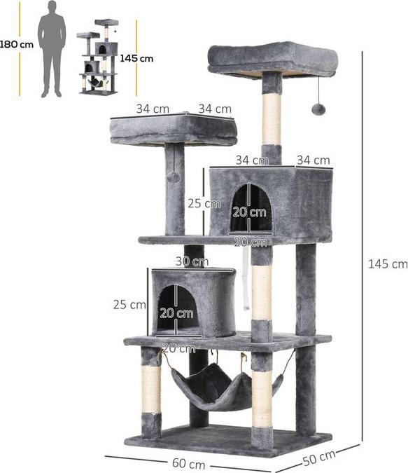 Actual product image Swisshandel24 Scratching tree Climbing tree Cat furniture Cat cave with sisal posts, 60 x 50 x 145 cm (145 cm, Grey)