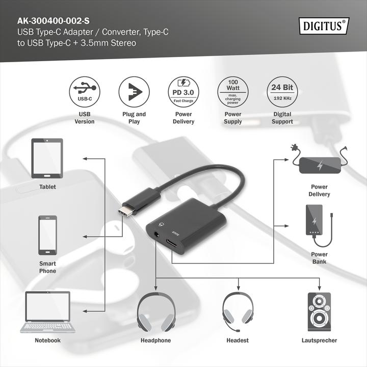 Produktbild Digitus USB Typ C — 3.5mm Klinke| USB Typ C (USB-C, 1 Ports)
