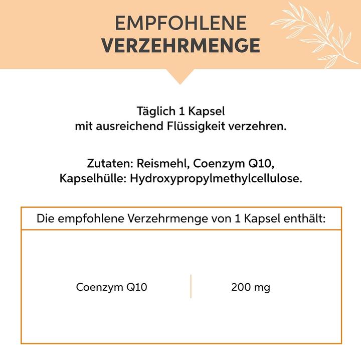 Nährwerte und Zutaten Eltabia Coenzym Q10 Kapseln | 200mg Hochdosiertes Vegan Premium Ubiquinon (200 Stück, Kapseln)