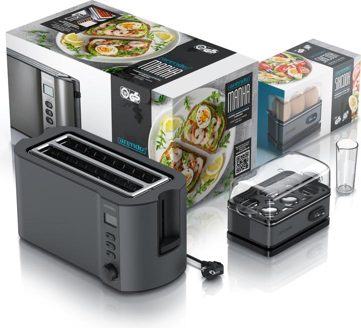 Actual product image Arendo Breakfast set, 4 slice long slot toaster with bun rack & egg cooker for 6 eggs, grey
