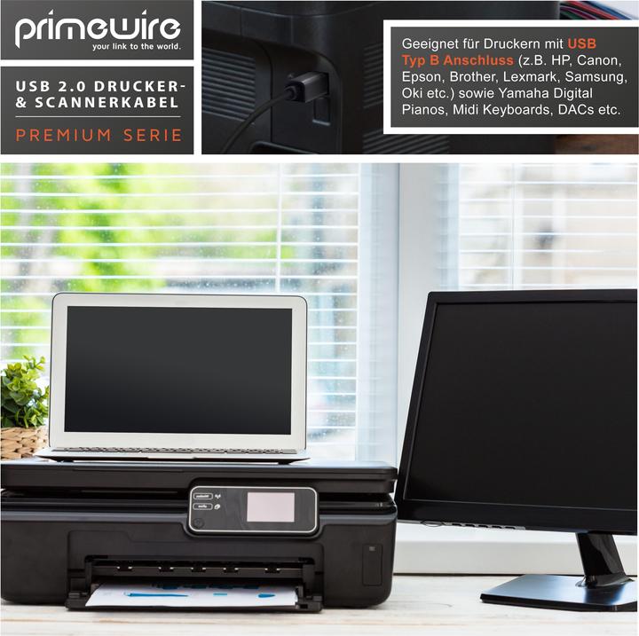 Immagine prodotto Primewire Cavo USB 2.0, cavo per stampante da tipo A a tipo B, cavo per scanner con guaina in nylon, spina in (1 m, USB 2.0)
