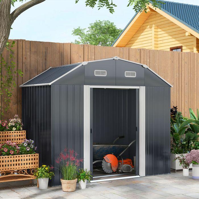 Immagine prodotto Swisshandel24 Gerätehaus Stahl 2,7m² UV-Schutz 2 Schiebetüren Regal Fundament Dunkelgrau 238x132x198,5cm