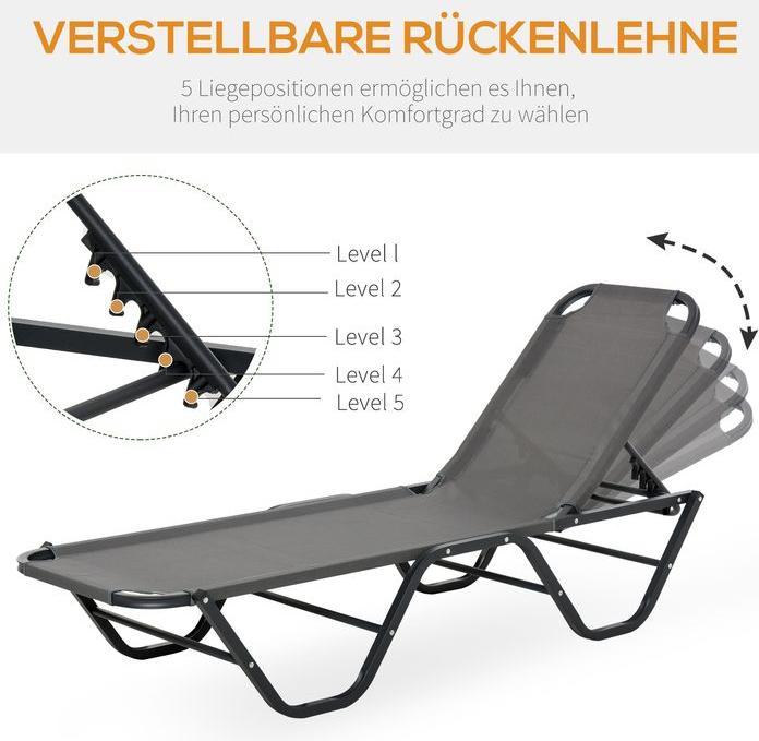 Produktbild Swisshandel24 Sonnenliege Strandliege 5-Stufige Alu Gartenliege Relaxliege Texteline Grau+Schwarz 163 x 58,5 x 91 (163 cm)