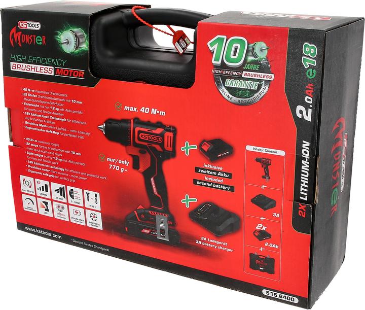 Actual product image KS Tools eMONSTER brushless cordless drill and screwdriver set, 4 pcs| 18 volt, 2 batteries and charger (Rechargeable battery operated)