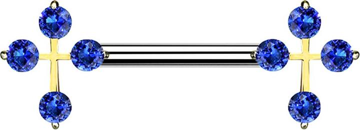 Actual product image Star Piercing Barbell 14k vergoldet Kreuz mit Kristall blau (Surgical steel 316L, Brass)