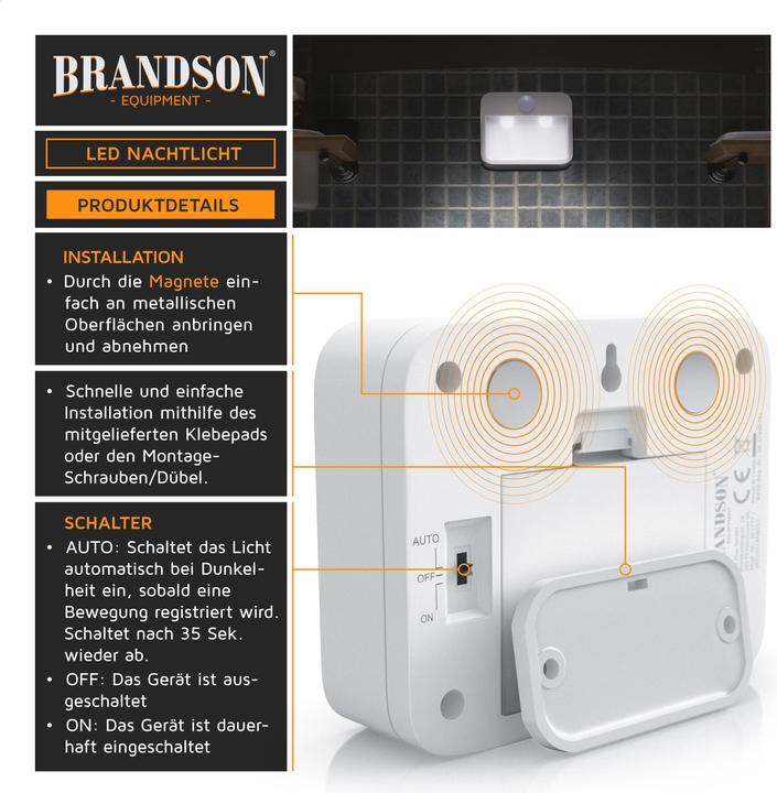 Image du produit Brandson Lampe de nuit à LED, lampe de nuit, détecteur de mouvement, capteur de luminosité