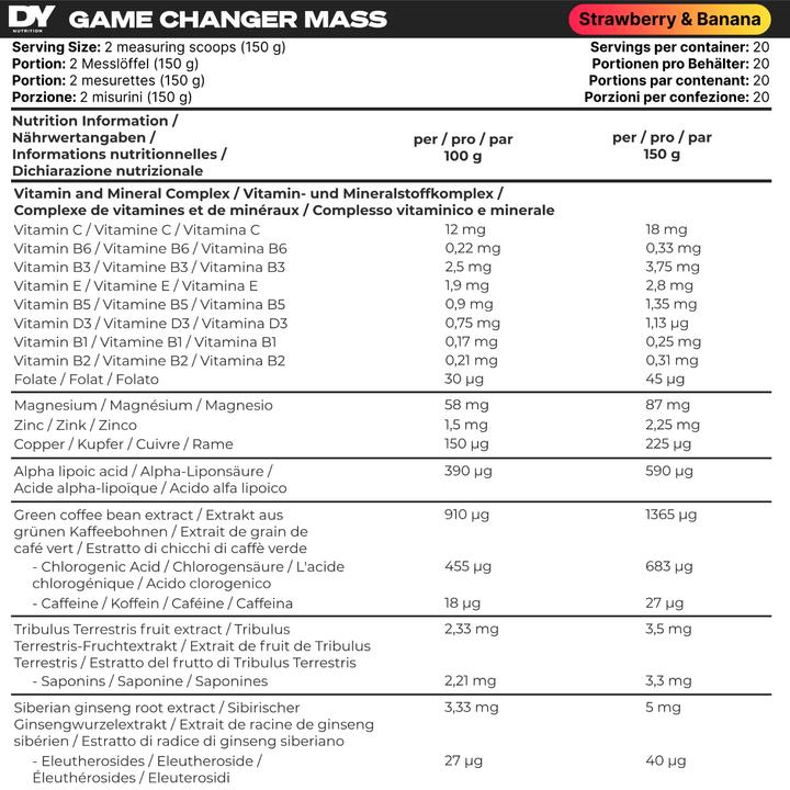 Nährwerte und Zutaten DY Nutrition Game Changer Mass (Erdbeere und Banane, 3000 g)