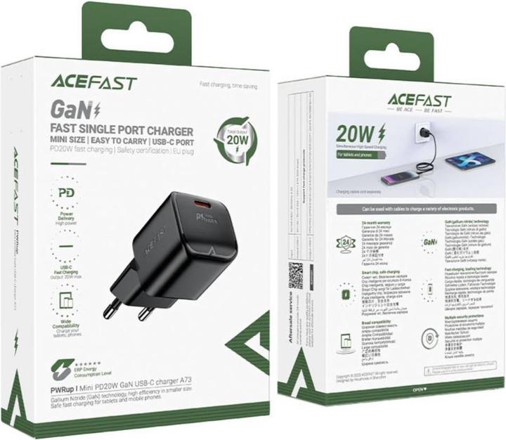 Actual product image Acefast A73 Mini PD 20W GaN USB-C wall charger - black (20 W)