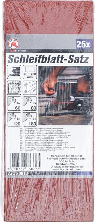 Image du produit BGS Jeu de feuilles abrasives ponceuse vibrante / cale à poncer 93 x 230 mm Cal. 60 - 180 25 pièces (K 60, K 180, K 80, K 120)