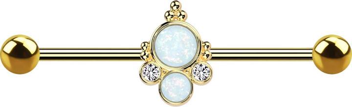 Star Piercing Barbell vergoldet mit zwei Kugeln vergoldet zwei Opale weiss zwei Kristalle silber (Chirurgenstahl 316L, Messing)