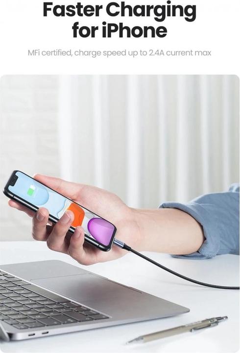 Produktbild Ugreen Lightning USB Nylon Alu MFi (1 m, USB 2.0)