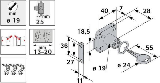 Image du produit Hettich Zylinder-Aufschraubschloss unterschiedlich schlieend Trstrke 13-20 mm Stahl vernickelt