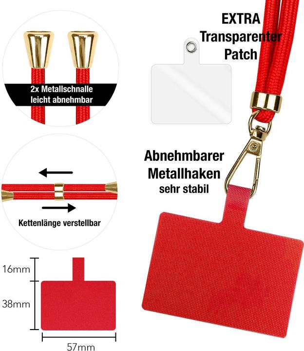 Produktbild Nalia Handyband + Pad für Hülle zum Umhängen, Karabinerhaken Anhänger aus Metall (gold)