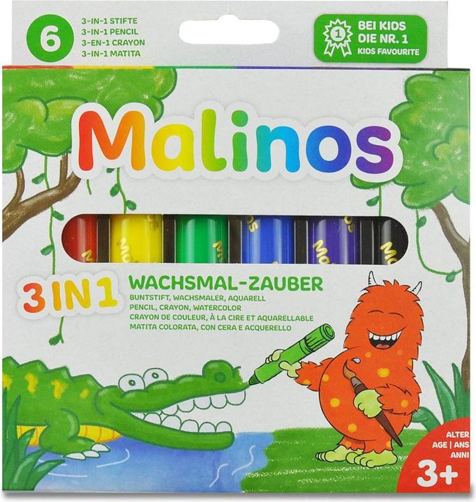 Malinos wax crayons 3-in-1, 6 pieces (Multicoloured, 6 x)