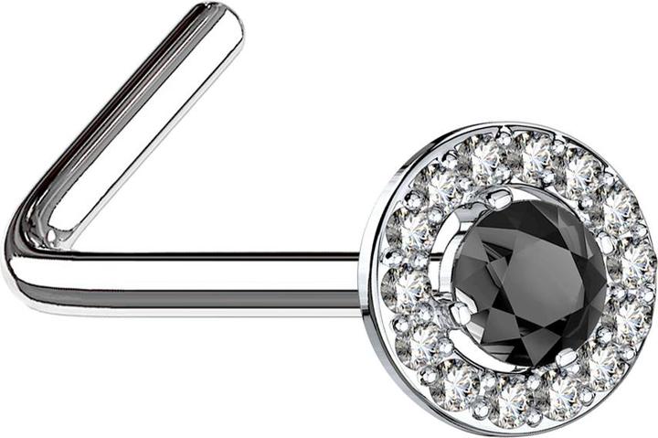 Star Piercing Nasenstecker gewinkelt silber Kristallkreis mit grossem Kristall schwarz (Messing, Chirurgenstahl 316L)