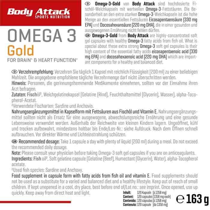 Valori nutrizionali e ingredienti Body Attack Omega 3 Oro (120 Pezzo/i, Pillole, 160 g)