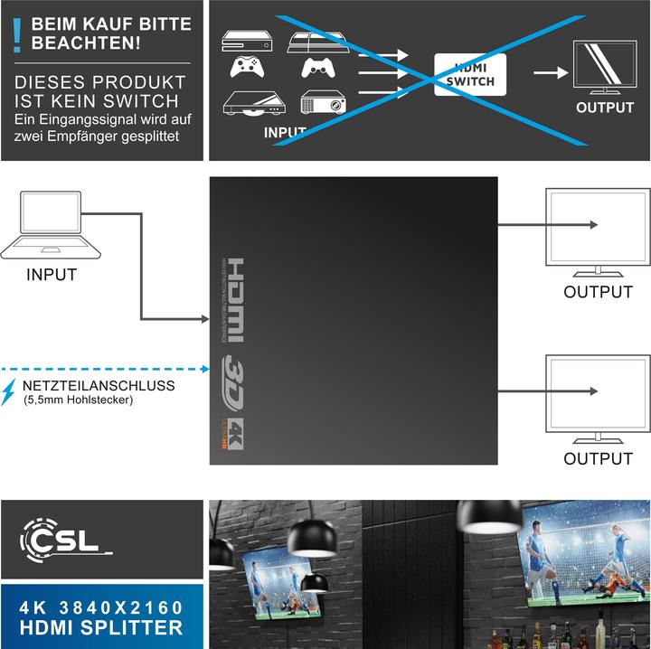 Produktbild CSL HDMI Splitter, Mini 4K UHD 2-Port Verteiler 1x HDMI Eingang zu 2x HDMI Ausgang, Ultra HD 2160p
