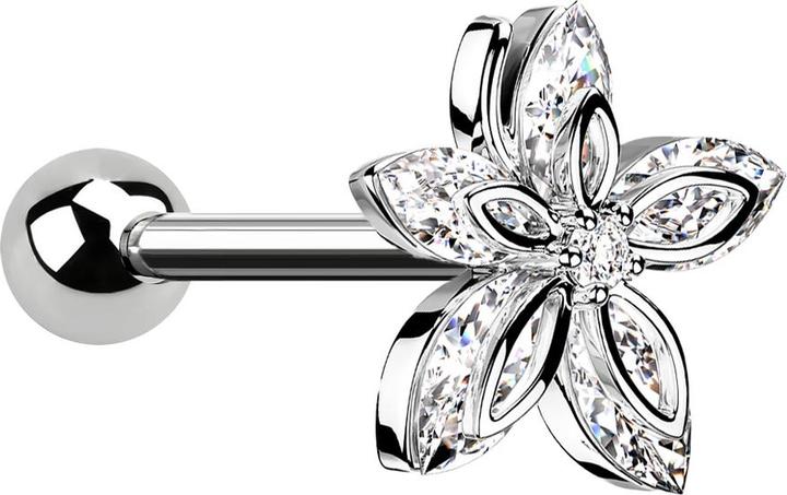 Actual product image Star Piercing Micro Barbell silber mit Kugel und Blume fünf Kristallblätter (Surgical steel 316L, Brass)