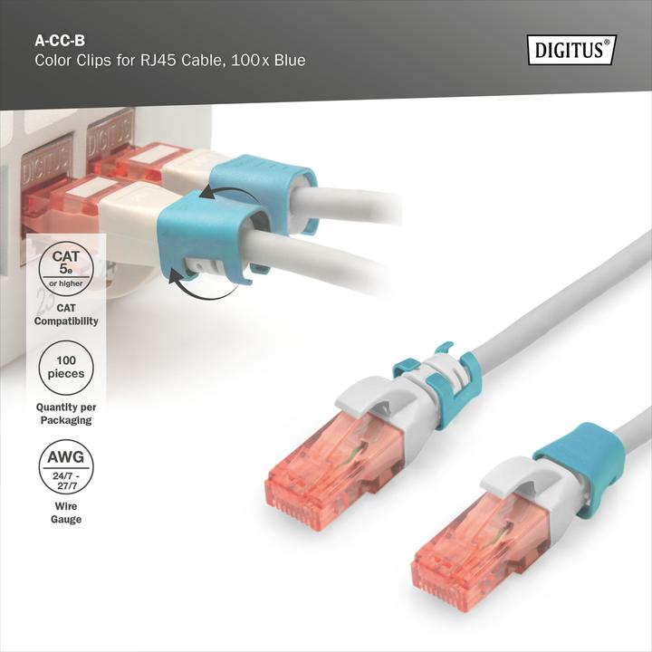 Image du produit Digitus Clips de couleur pour câble RJ45 couleur bleue, paquet de 100 pièces