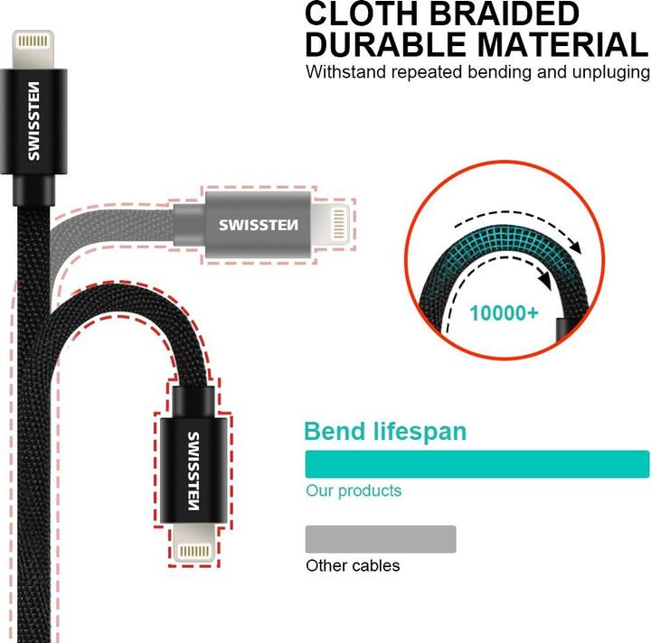 Produktbild Swissten Datenkabel Textil USB / Lightning MFi 2.0 M (2 m, USB 3.2 Gen 2)