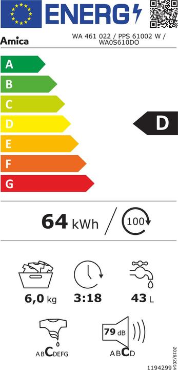 Etichetta energetica Amica AMI WA 461022 (6 kg, A sinistra)