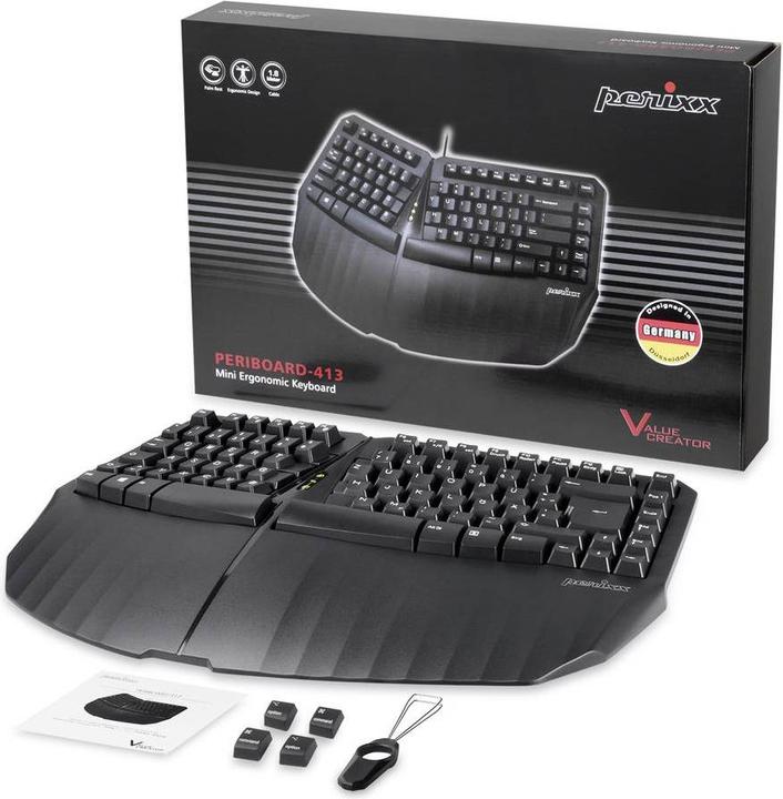 Actual product image Perixx PERIBOARD-613 DE B, Wireless compact ergonomic keyboard, black (DE, Wireless)