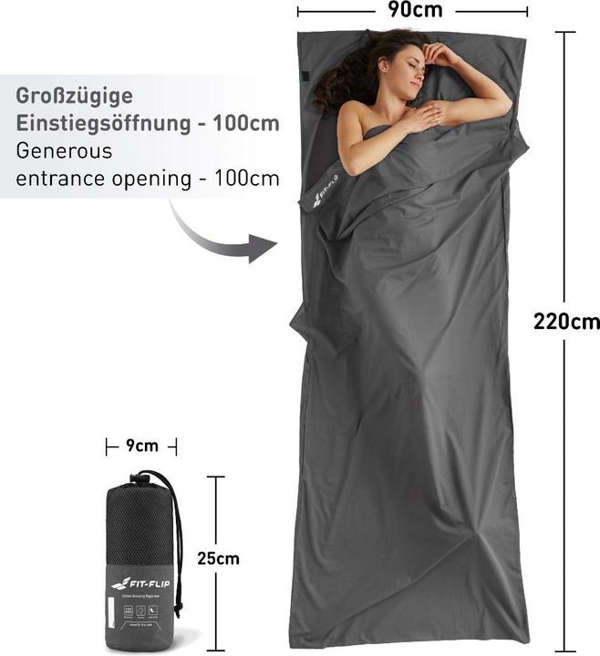 Image du produit Fit-Flip Hüttenschlafsack Baumwolle ultraleicht mit Kissenfach 90x220cm (220 cm)
